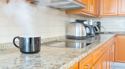 Steaming hot coffee mug on kitchen counter with steam machine