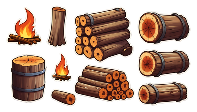 Rustic Cartoon Logs, Fire, and Wooden Barrels: A Campfire Collection