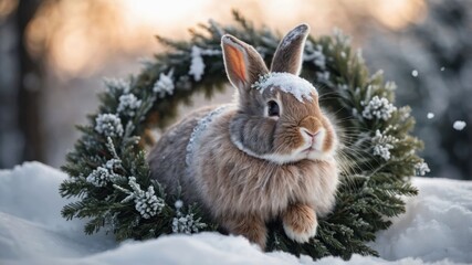 Fototapeta premium A fluffy rabbit resting in a snowy wreath, evoking a cozy winter atmosphere.