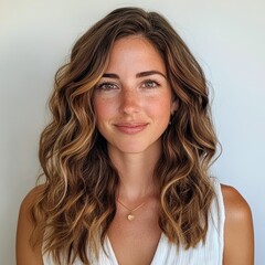 Portrait of a young woman with long, wavy brown hair and freckles, wearing a white top.