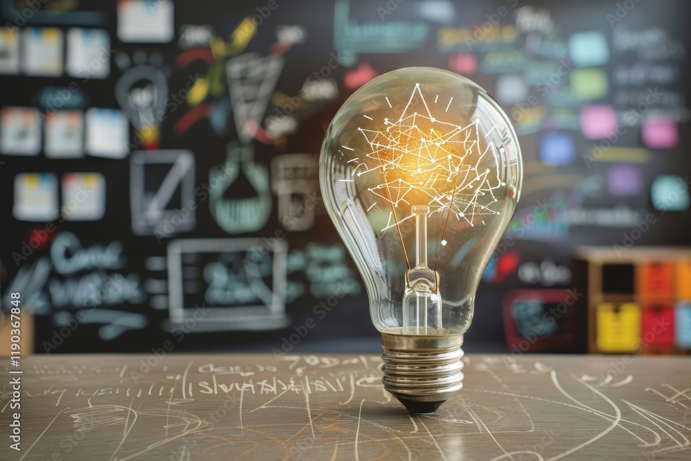 Poster a lit light bulb on a table with a chalkboard in the background, creating digital presentations to s