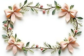 Fototapeta premium A delicate frame adorned with small bows interwoven with flowers and greenery, perfect for spring or wedding themes