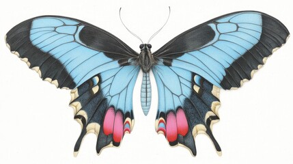 Closeup of blue and black butterfly with striking red spots on its wings in natural setting