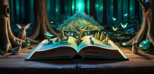 Open book glowing with magical tree and forest animals, enchanted woodland setting with mystical green light © Raenald