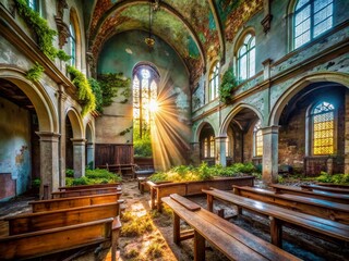 Obraz premium Abandoned Old West Church, Eerie Interior, Decaying Structure, Urban Exploration Photography