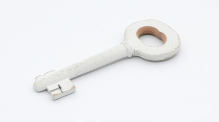 Intricate white wooden key with detailed craftsmanship on the handle