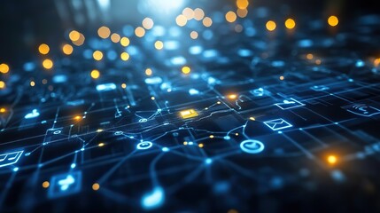 Abstract blue background featuring glowing icons representing social network connections, ideal for digital web banners