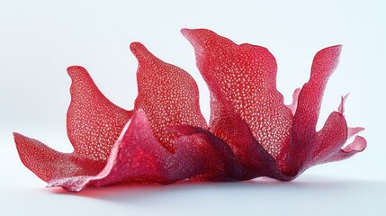 Abstract red organic form, delicate, intricate, textured, sculptural, flowing design.