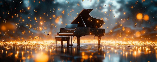 An abstract music background featuring a grand piano surrounded by floating golden musical notes, ethereal lighting, cinematic style, photorealistic