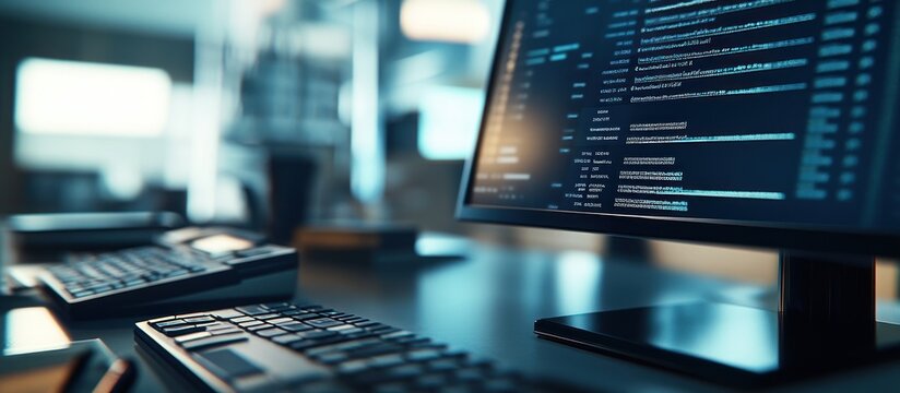 Close-up of a computer monitor displaying code, keyboard, and mouse on a desk in an office.
