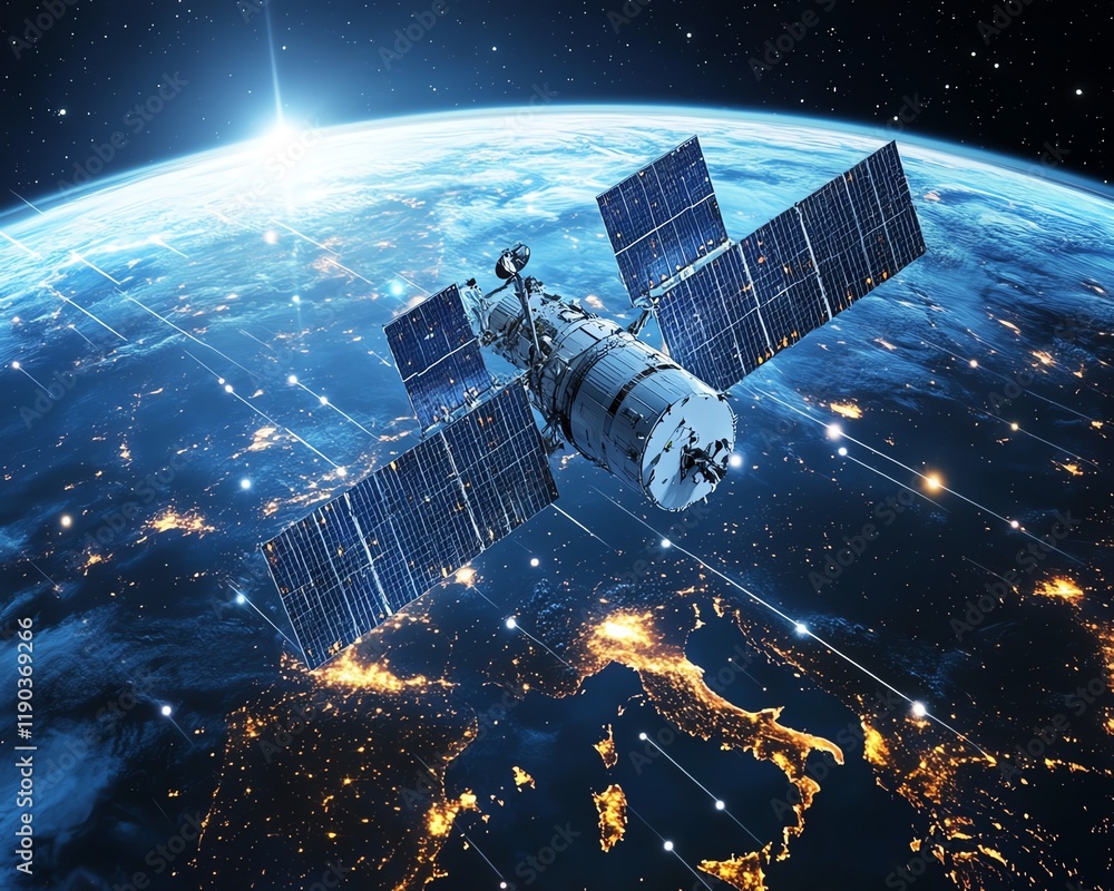 Poster an advanced world tech telecommunication scene featuring satellite orbiting earth, interconnected ne