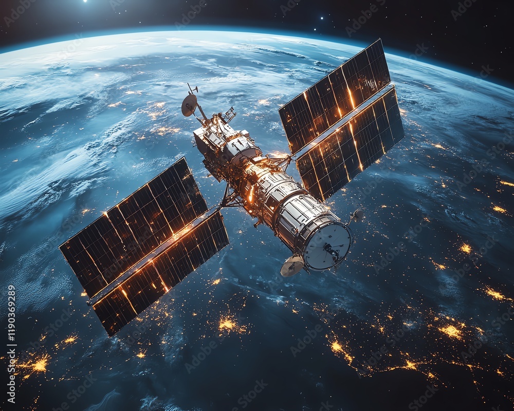 Poster an advanced world tech telecommunication scene featuring satellite orbiting earth, interconnected ne