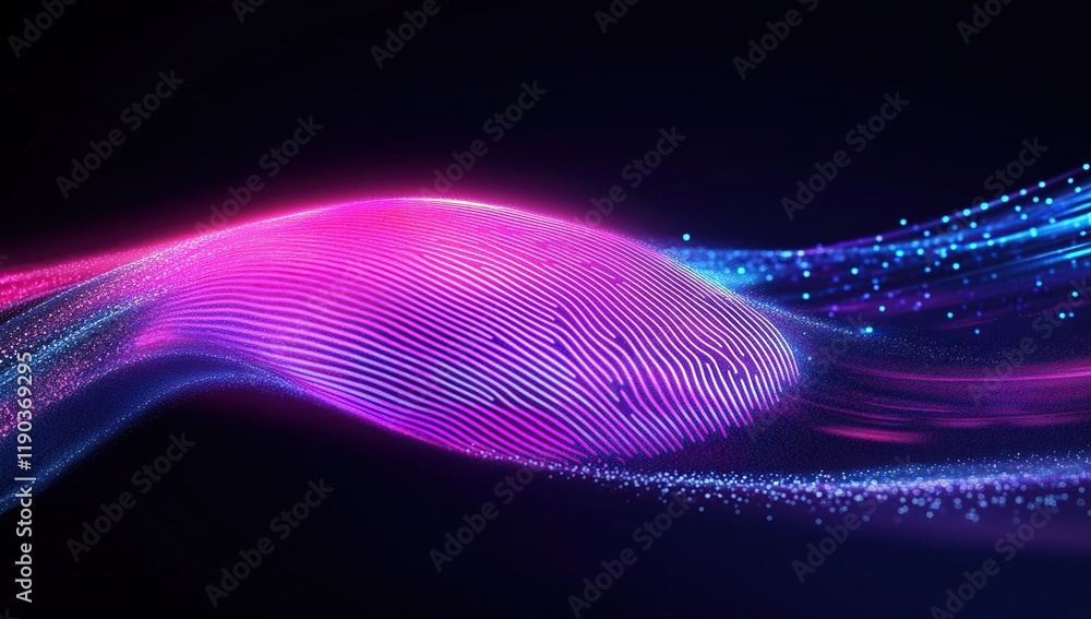 Poster abstract purple and blue digital waves flowing dynamically across screen, creating a futuristic vibe