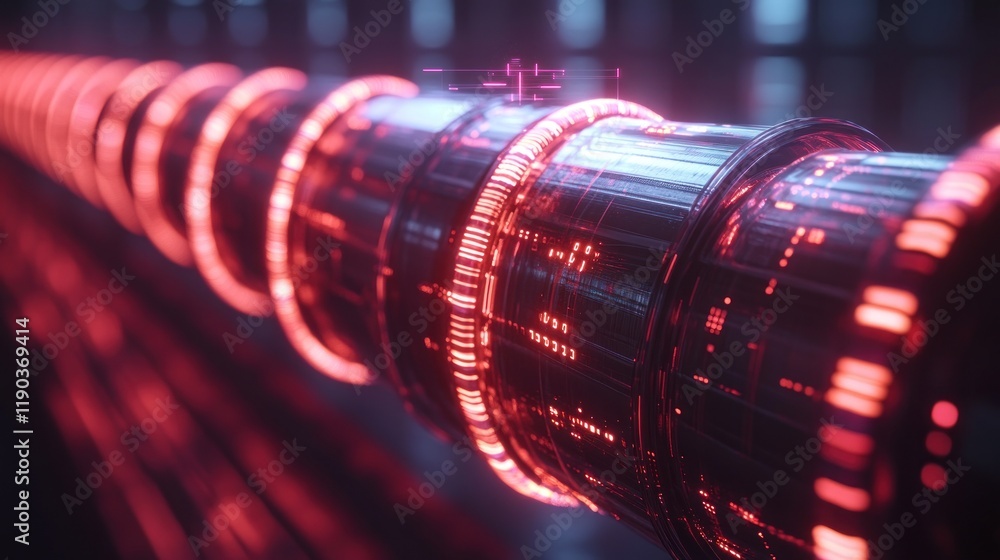 Poster futuristic red glowing data pipeline.