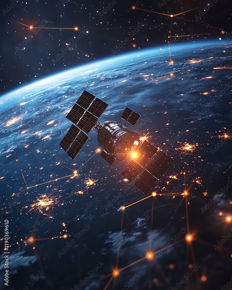 Poster a cuttingedge satellite in orbit around earth, with a network of glowing data nodes forming global t