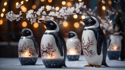 Decorative penguin figurines with cherry blossoms and soft lighting create a cozy atmosphere.