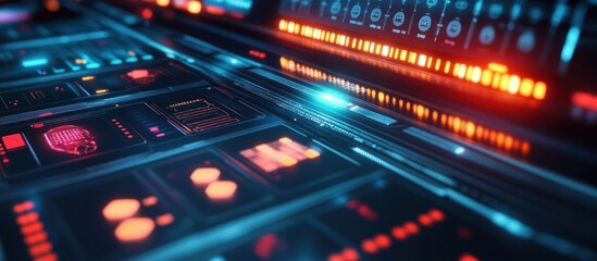 Fototapeta premium Futuristic digital interface with glowing blue and orange data streams.