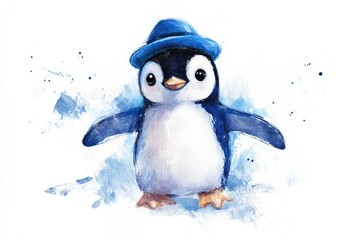 Fototapeta premium Charming penguin wearing blue hat, surrounded by playful splashe