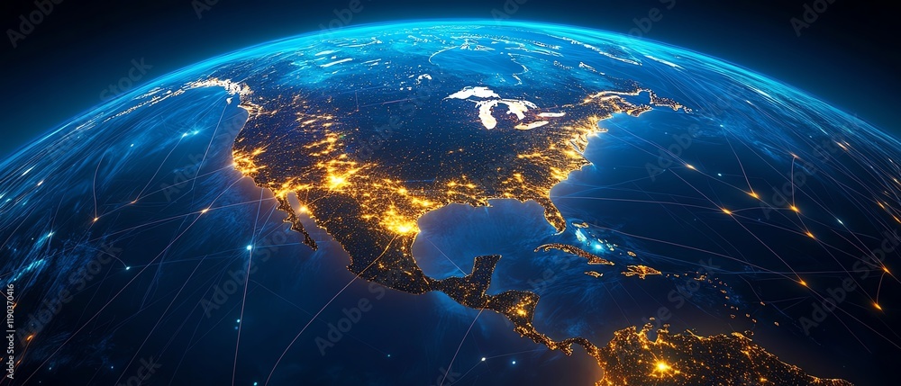 Poster a hightech digital globe with orbiting satellites transmitting data across continents, world telecom