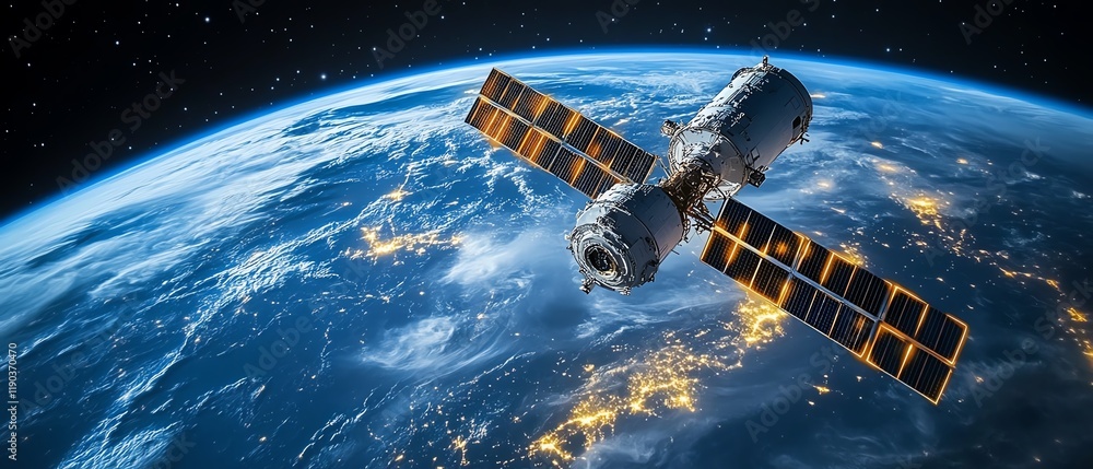 Poster a hightech digital globe with orbiting satellites transmitting data across continents, world telecom