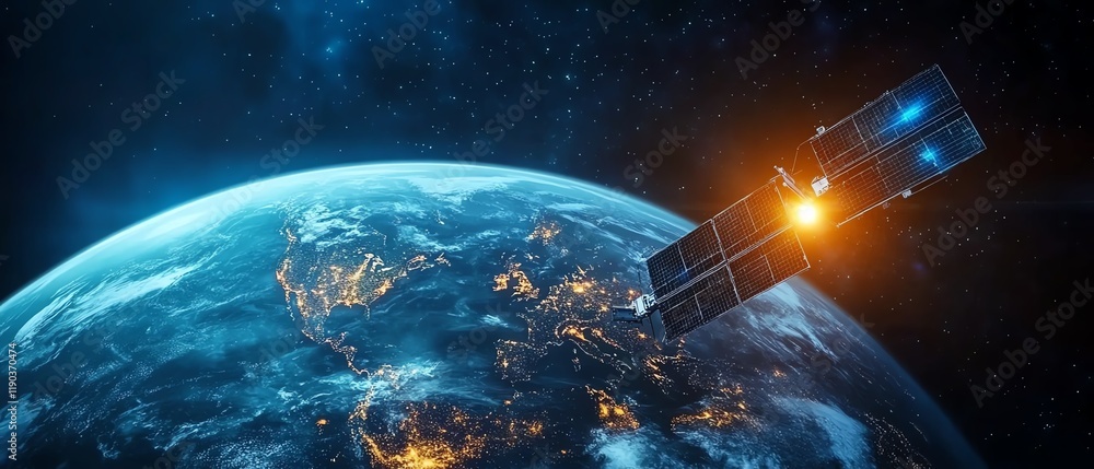 Poster a hightech digital globe with orbiting satellites transmitting data across continents, world telecom