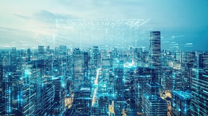 Futuristic cityscape illuminated by neon lights and digital over