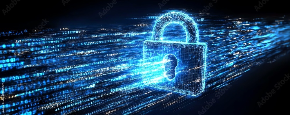 Poster a hightech digital padlock with binary code flowing around it, dark blue background, cyber security 
