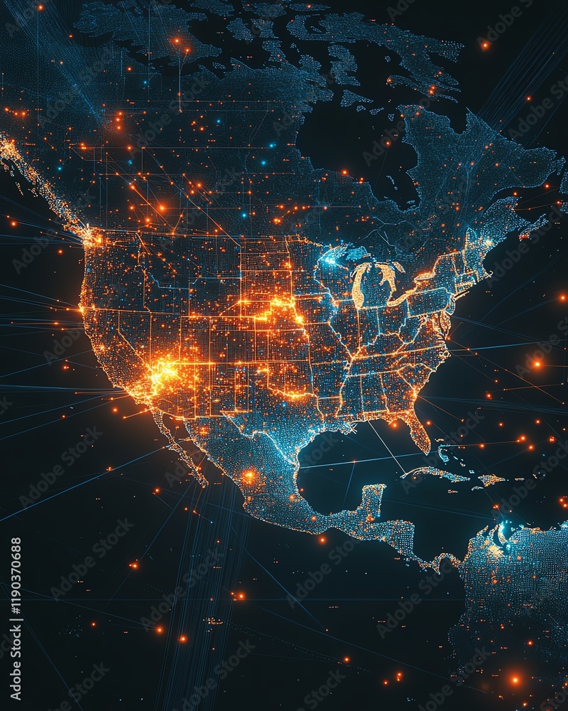 Poster a hightech digital world map centered on the usa, showcasing global network connectivity with data t