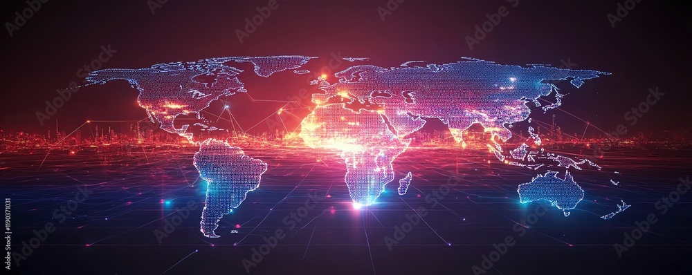 Poster a hightech world map with business trading pathways, digital data flowing through glowing network co