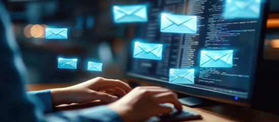 Fototapeta premium Person using computer, many email icons appearing on screen.