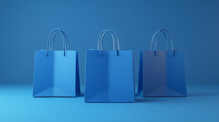A vibrant 3D visualization of blue paper bags, showcasing their sturdy handles and sleek texture, ideal for an elegant shopping experience.