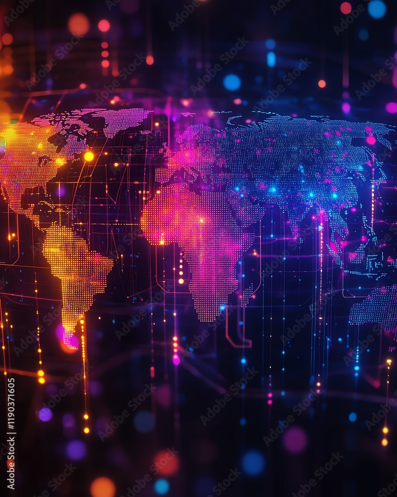 Poster a vibrant abstract world map with business trading routes highlighted by neon digital lines, seamles