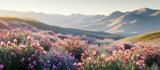 Obraz premium Sunrise over a field of wildflowers in a mountain valley.