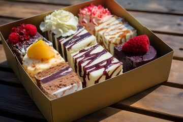 Assorted gourmet cake slices in a box with various toppings including raspberries, peach, and cream, displayed on a wooden table, perfect for a delectable dessert experience.