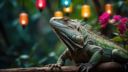 Fototapeta premium A green iguana resting on a branch with colorful lights and flowers in the background.