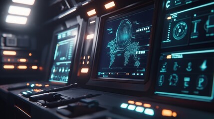 Obraz premium Futuristic control panel with glowing screens displaying world map and data.