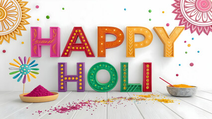 Happy Holi Festival Colorful Celebration 3D Render Decorated Letters Bright Colors Festive Design Indian Holiday Tradition Springtime Cheerful Vibrant