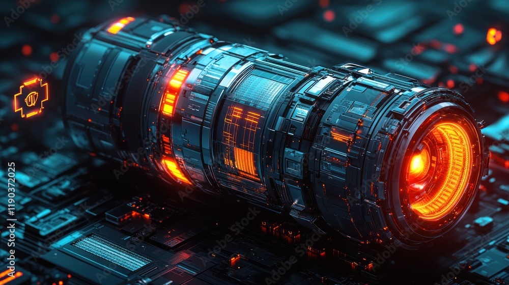 Poster futuristic tech cylinder with glowing core on circuit board.