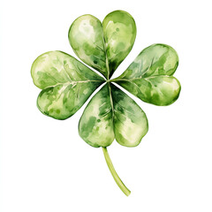 Four-leaf clover isolated on a white background, with green leaves in a watercolor illustration style. Hand drawn style green clover depicting the lucky four leaf symbol