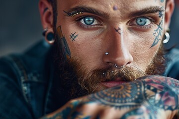 Close-up portrait of a tattooed man with facial piercings and blue eyes, Men with tattoos and piercings, exuding a rebellious vibe