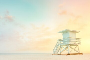 Fototapeta premium Lifeguard tower stands alone on tranquil beach at sunset, soft p