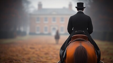 Gentleman horseback riding, autumn, estate.
