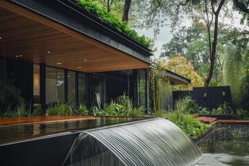 Fototapeta premium Modern architecture blends seamlessly with nature, featuring lus