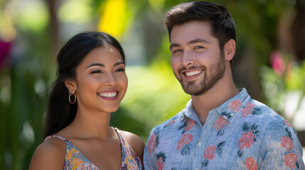 Obraz premium Interracial couple in floral summer outfits sharing genuine smiles in garden setting. Perfect for dating apps, relationship blogs, or summer fashion campaigns