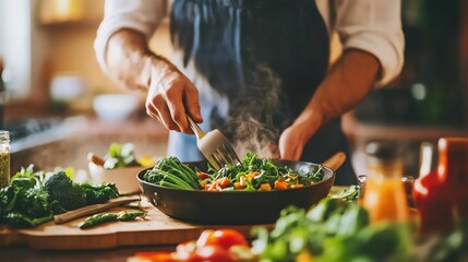 Man Cooking Healthy Vegetable Dish in Bright Kitchen