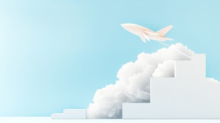 Fototapeta premium White jetliner ascends over modern white architectural building against clear blue sky