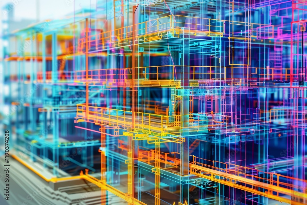 Poster a 3d model of a multi-story building, rendered in bim software, showcasing the complex structure and
