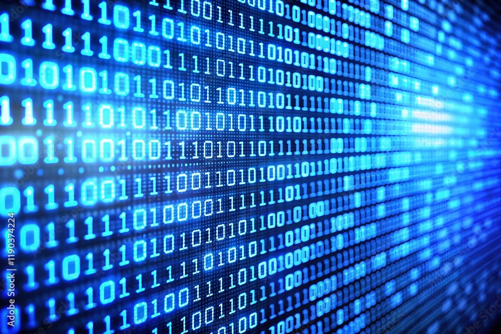 Poster abstract blue binary code background: digital technology stock photo