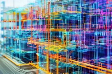 A 3D model of a multi-story building, rendered in BIM software, showcasing the complex structure and intricate details, Building information modeling (BIM) for streamlined project management