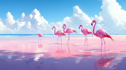 Obraz premium Pink flamingos wading in a shallow, pink lagoon on a sunny beach.